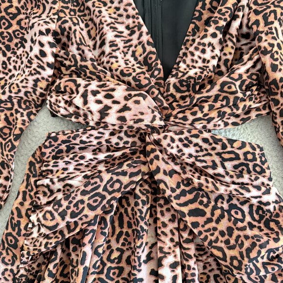 Ranna Gill Dress Leopard Print Puff Sleeve Cutout Deep V Midi Animal Print - Picture 3 of 11